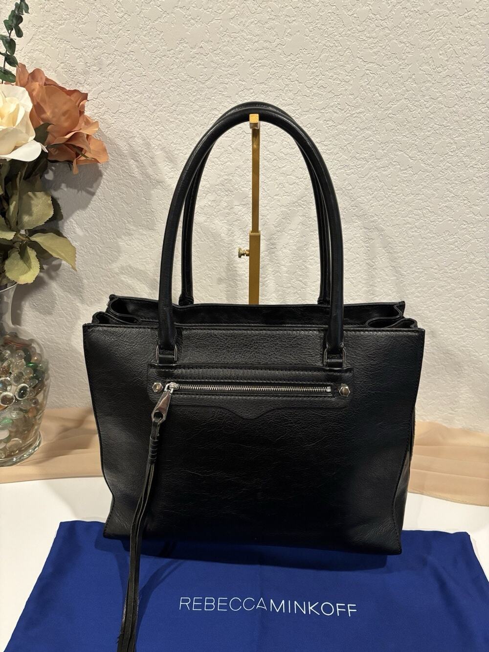 Rebecca Minkoff Black Leather Tote Satchel Pebbled Silver Hardware Tassel